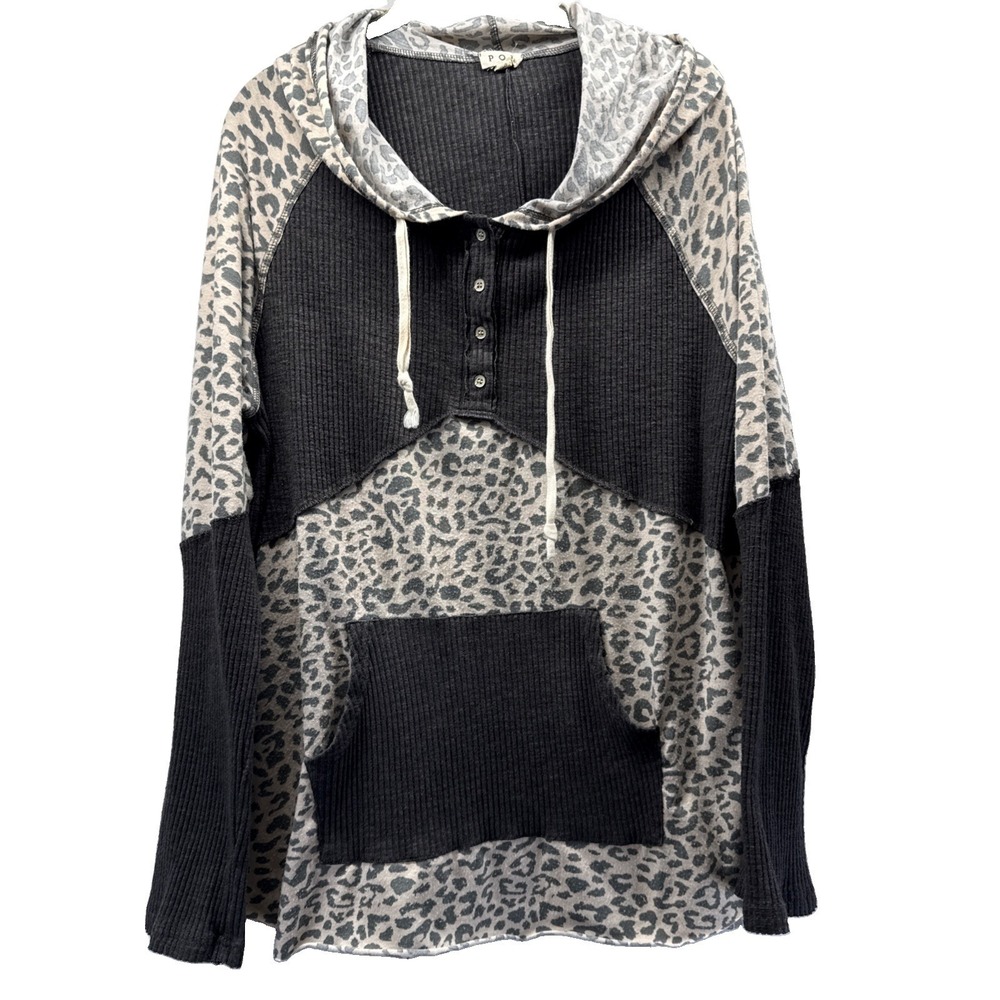 POL Women's Hooded Top Size Large Long Sleeve Black Ivory Animal Print Pullover